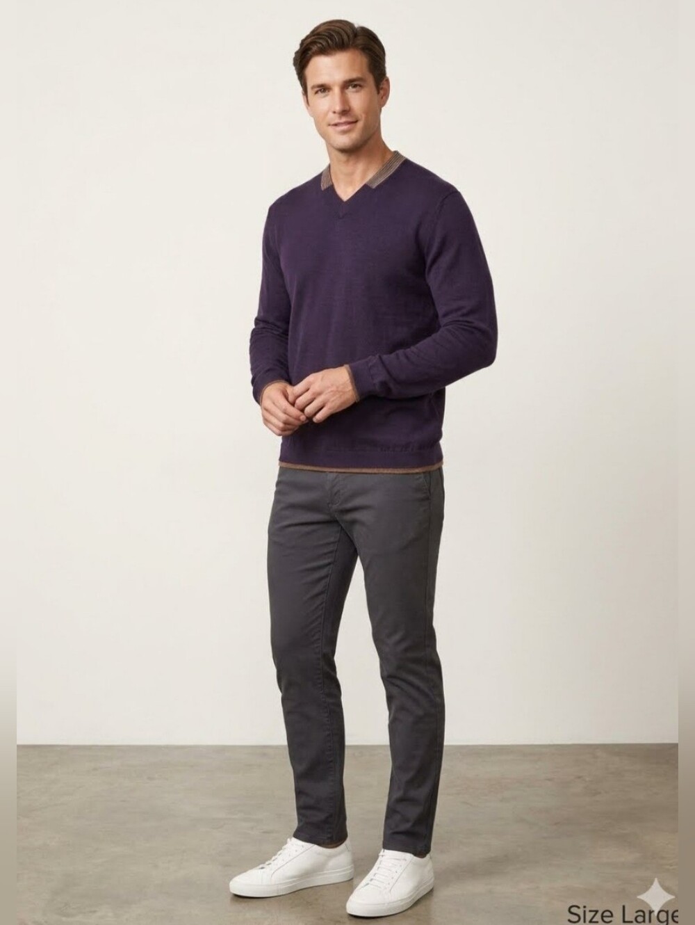 Robert Graham "Regan" Sweater, Size L, V-Neck 100% Wool, Purple